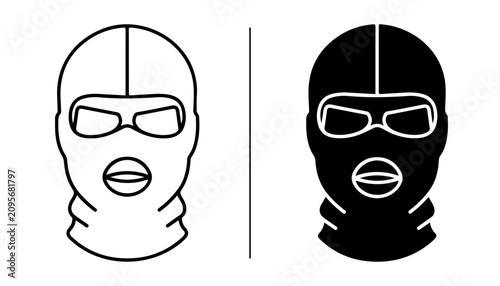 Foto Balaclava Mask Icon: A graphic representation of a balaclava or ski mask, presented in both outline and solid black styles, symbolizing anonymity and disguise