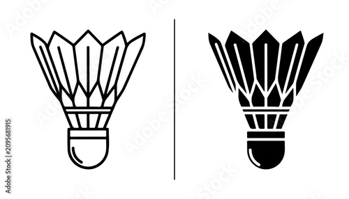Badminton Shuttlecock Icon: A graphic representation of a badminton shuttlecock, presented in both outline and solid black fill styles, symbolizing the dynamic sport.