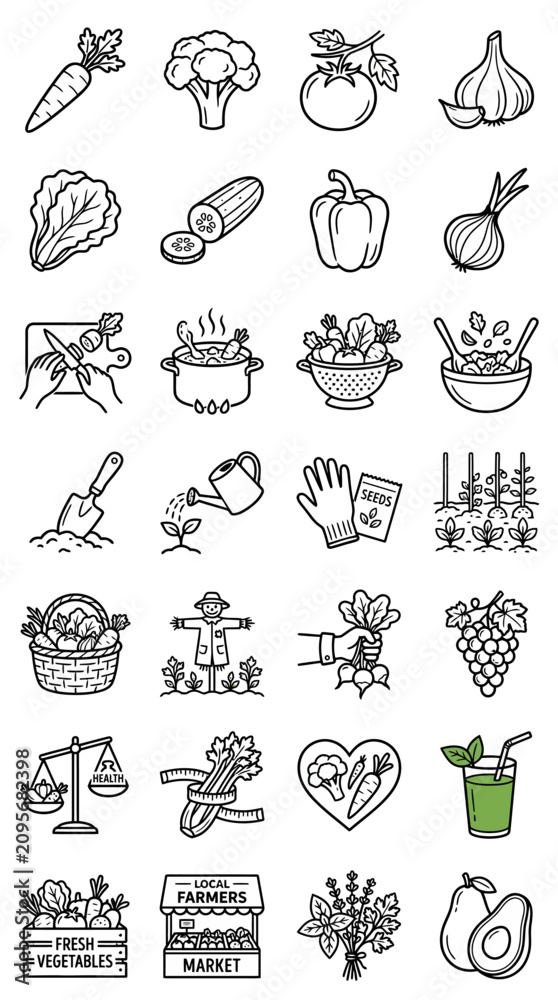 Fototapeta premium Healthy Food Icons: Vegetables, Fruits, Gardening, Cooking, Farmers Market