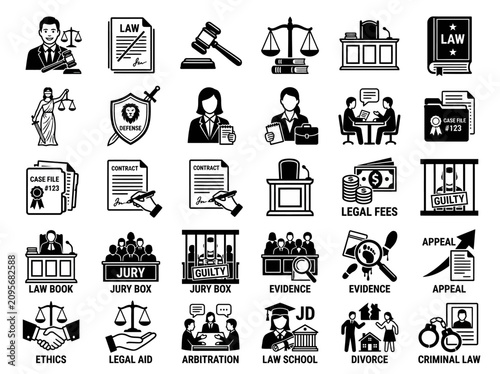 Fotografie Law and Justice Icons: Court, Legal, Gavel, Scales, Judge, Verdict, Contract