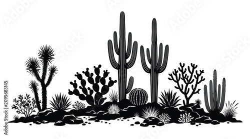 Photos Black and white cactus desert landscape illustration