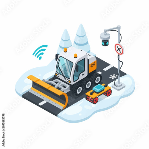 Foto Snow plow truck clearing winter road with smart technology.