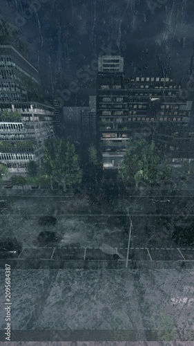Vertical Rainy City View Through Single Window Pane Moody CGI Video. Heavy rain drops and condensation covering a clean single glass surface without dividers.