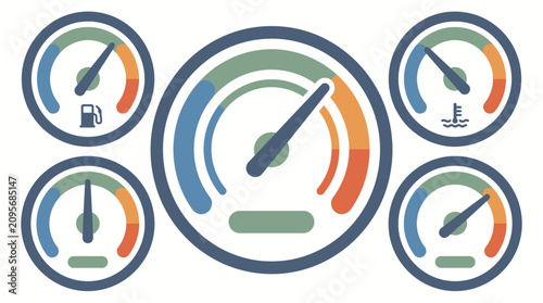 Foto Dashboard gauges display multiple circular indicators designed for monitoring vehicle performance metrics such as speed, engine temperature, and fuel levels in a flat graphical style