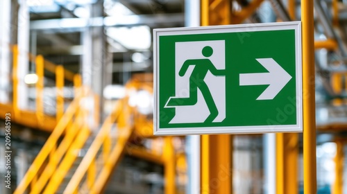 Green exit sign in an industrial facility
