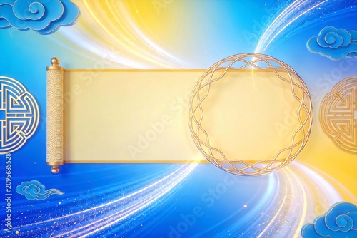 Blank Ancient Scroll With Chinese Auspicious Cloud And Glowing Light Ribbons