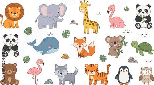 Canvas Print Cute cartoon wild and domestic animal collection featuring lion, elephant, giraf