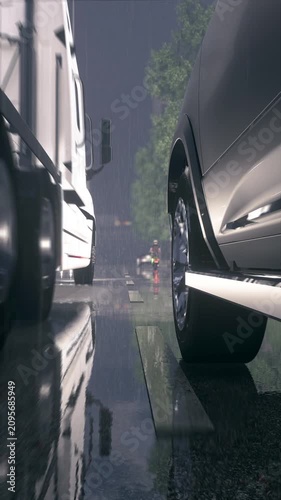 Vertical QHD Rainy City Driving Low Angle Truck Overtaking 60p CGI Video. 9:16 portrait orientation graphic asset featuring intense storm drops, water splashes, puddles, and bright headlight reflectio