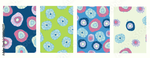 Vertical background Seamless flowers and geometric compatible patterns set with hand drawn uneven ring, checkered, striped, lines, flowers for surface design, craft, apparel and other design projects