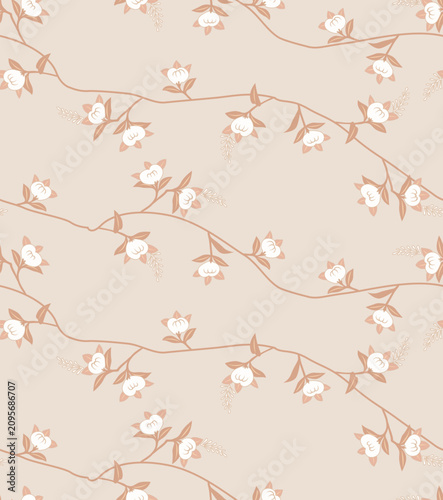 Japanese Pretty Flower Branch Vector Seamless Pattern