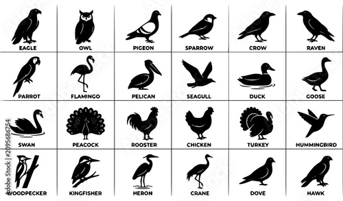 Bild auf Leinwand Bird Silhouette Icon Set with Various Flying and Perching Bird Species Vector Co