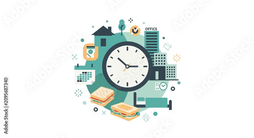Work-Life Balance and Time Management Illustration with Clock, Home, Office, and Daily Routine Icons