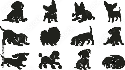 Obraz na płótnie Cute Puppy Silhouette Collection Featuring Playful Domestic Dog Breeds Sitting R