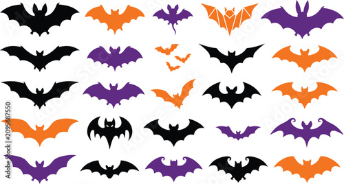 Halloween bat silhouettes vector set with spooky flying flock of bats