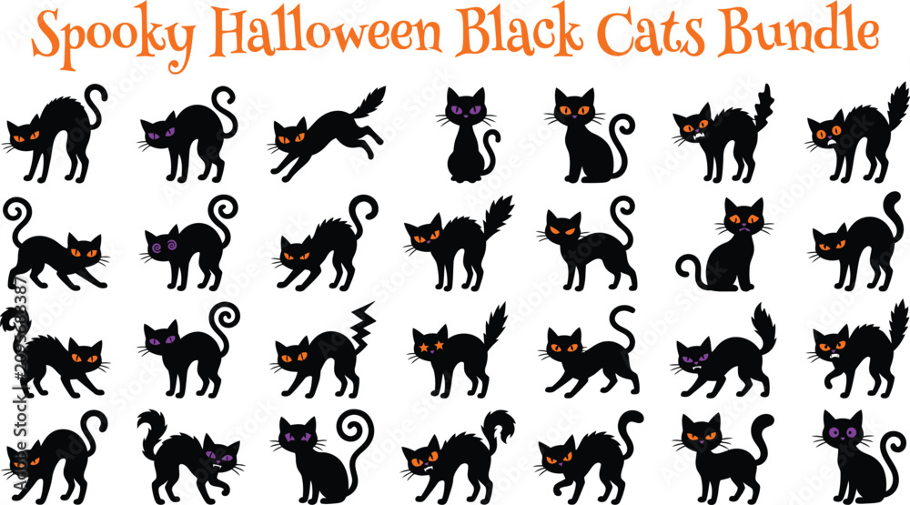 Fototapeta premium Spooky Halloween black cats bundle with scary vector silhouettes