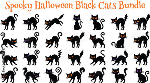 Spooky Halloween black cats bundle with scary vector silhouettes