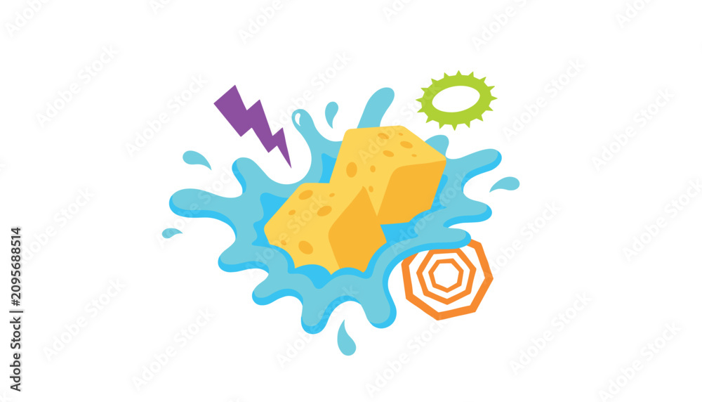 Fototapeta premium Dynamic illustration of two blocks of yellow cheese splashing into a bright blue liquid pool with lightning.