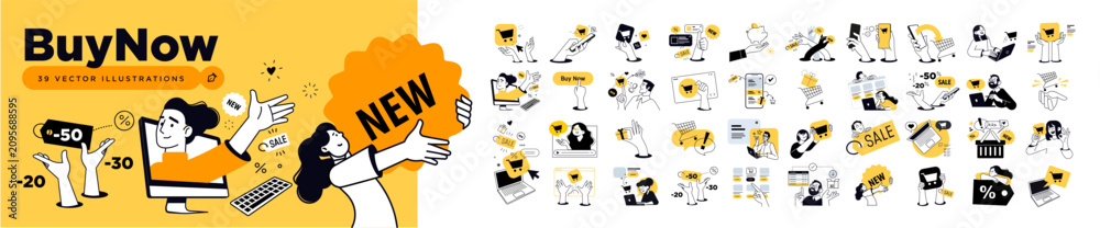 Fototapeta premium Buy now. Set of vector illustrations of e-commerce, shopping, product promotion, online product ordering, delivery, sale, social media, marketing, online sales apps.