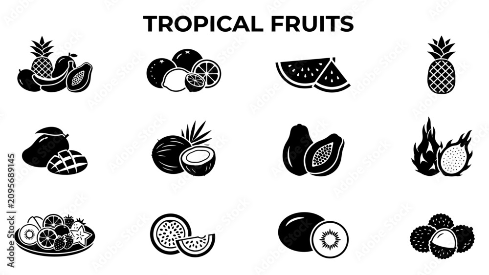 Fototapeta premium Tropical Fruits Icons Set with Pineapple Coconut Mango Watermelon Avocado and Exotic Fruit Collection