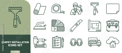 Carpet installation icons set, linear of flooring tools, equipment, and construction supplies for home renovation projects
