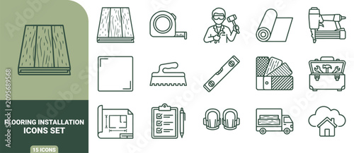 Bild auf Leinwand Flooring installation icons set featuring wood planks, tools, safety gear, bluep