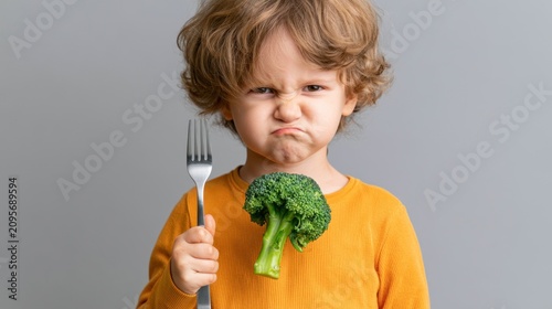 Child making a face at broccoli on a fork
