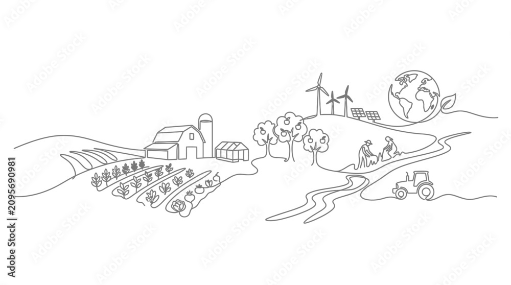 Fototapeta premium A continuous line drawing depicting a sustainable farm landscape with renewable energy sources.