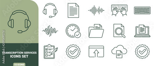 Konstfotografi Transcription services icon set featuring headphones, audio waveforms, documents