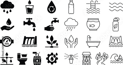 Foto Water consumption and eco conservation icons set featuring household plumbing, liquid recycling, clean environment, and natural resources symbols
