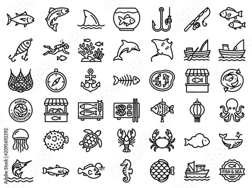 Photography Ocean Life Icons Set: Fish, Marine Animals, Fishing Gear, Underwater World