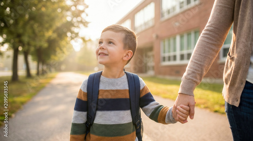 A young boy holding his mother's hand while walking to school on a autumn morning.