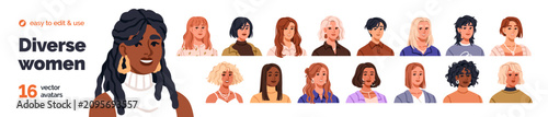 Women head portraits with modern hairstyles set. Diverse females, long and sh...