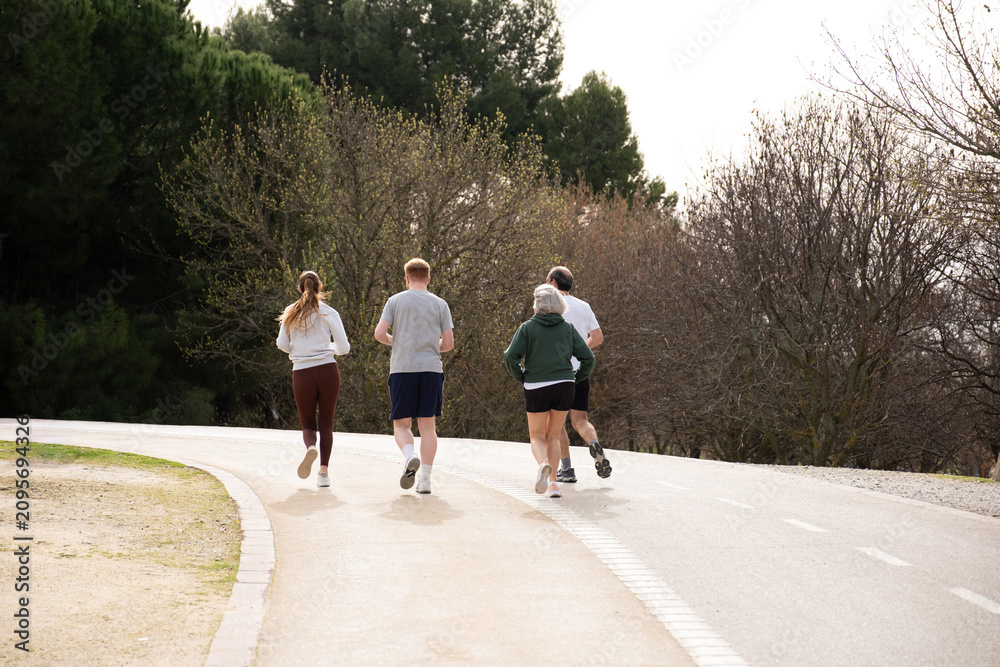 Obraz premium Group of diverse adults jogging outdoors on a park path, staying active and healthy