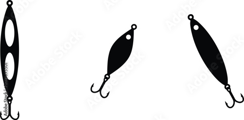 Tablou pe pânză Black fishing lure spoon bait silhouette icon set with hooks flat vector illustr