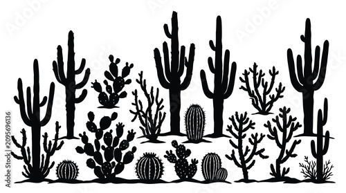 Photos Black silhouette of various cacti on white background