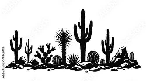 Schilderij op canvas Black silhouette of various cacti and desert plants on white