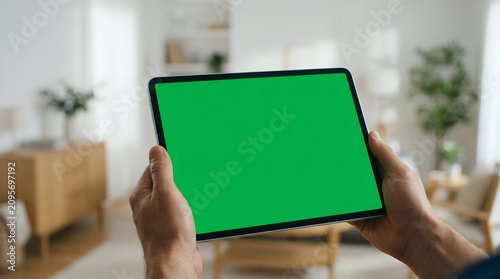 Hands holding digital tablet with green screen mockup in bright modern living room interior.