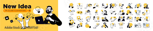 New idea. Set of vector illustrations of big idea, startup, creative and business idea, tips, brainstorming, project development, innovative solutions, product and service launch.