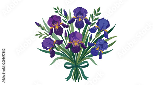 Obraz na plátne Bouquet of purple irises with green bow