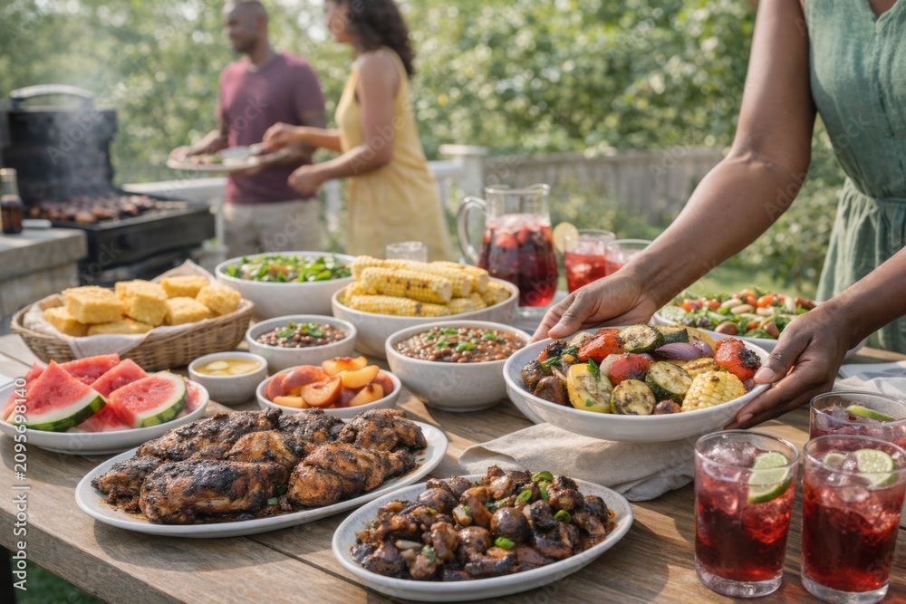 Obraz premium Outdoor backyard barbecue with diverse food spread and people enjoying