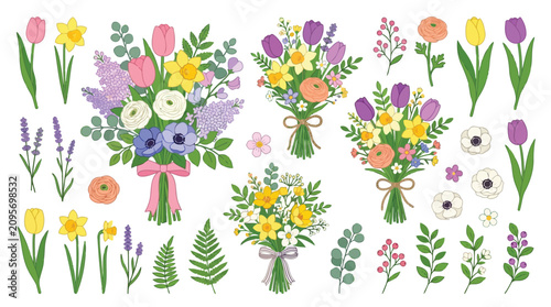 Tableau sur toile Colorful bouquet flowers and single stems on white