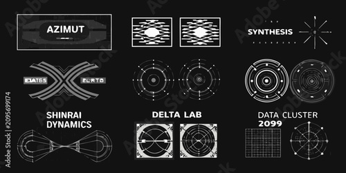 Fotografia Futuristic Branding Elements Geometric Shapes And Text On Black Background