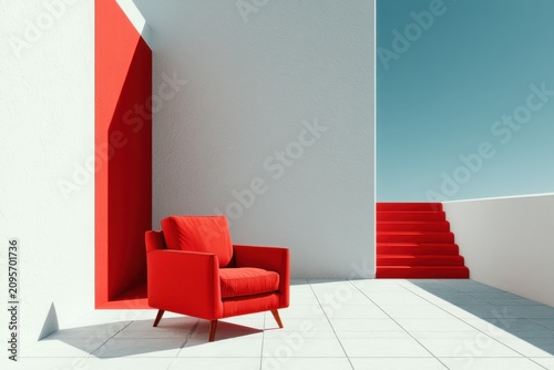 Red armchair placed in minimalist architectural courtyard under harsh sunlight with sharp geometric shadows for interior design marketing
