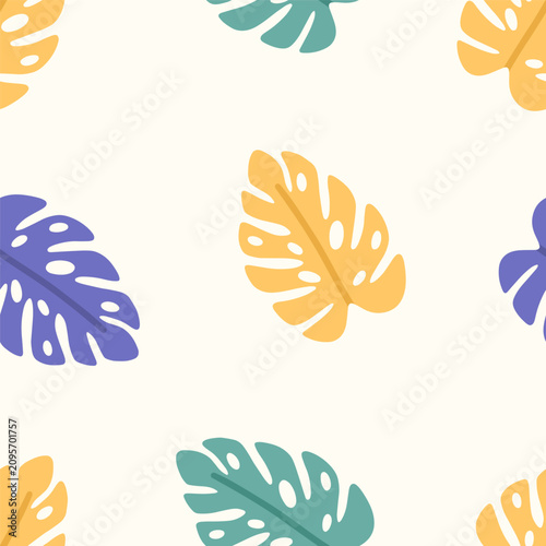 Tropical monstera leaf, seamless pattern, endless design. Summer jungle backg...