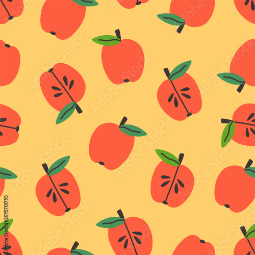 Apples, seamless pattern. Summer vitamin fruits on endless background. Repeat...