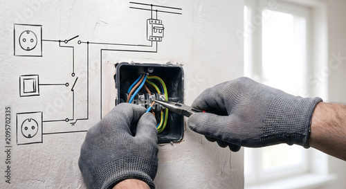 Electrician hands in gloves connecting wires in switch box with plier, electrical diagram sketch.