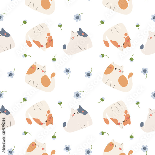 Cute cat and flower seamless pattern background.