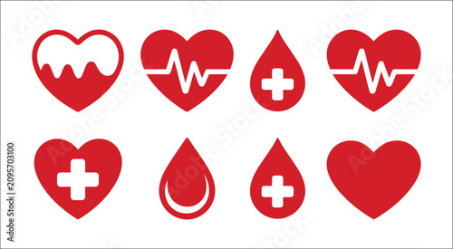 Konstfotografi Blood donation icon set with blood drop symbols, healthcare charity, volunteer a