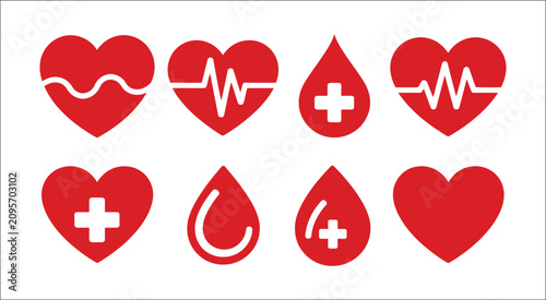 Obraz na płótnie Blood donation icon set with blood drop symbols, healthcare charity, volunteer a