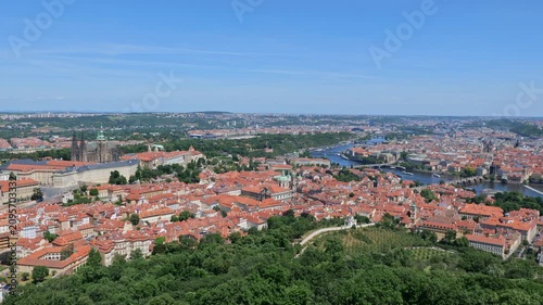 View above city of Prague in Czechia (Czech Republic). Panning to the right cityscape with Castle District (Hradcany), Lesser Town (Mala Strana), the Old Town and Vltava River.
